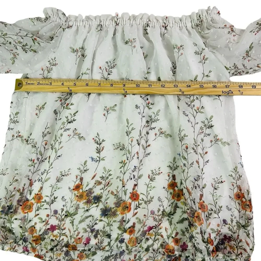 Orchid Haze Floral Off Shoulder Top Sheer Swiss Dot Puff Sleeve White Size S - Picture 3 of 6